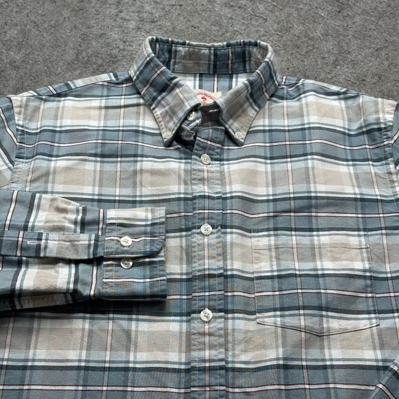 Brooks Brothers Oxford Button-Down Shirt Men M Blue Gray Plaid OCBD "Red Fleece" - Picture 1 of 13